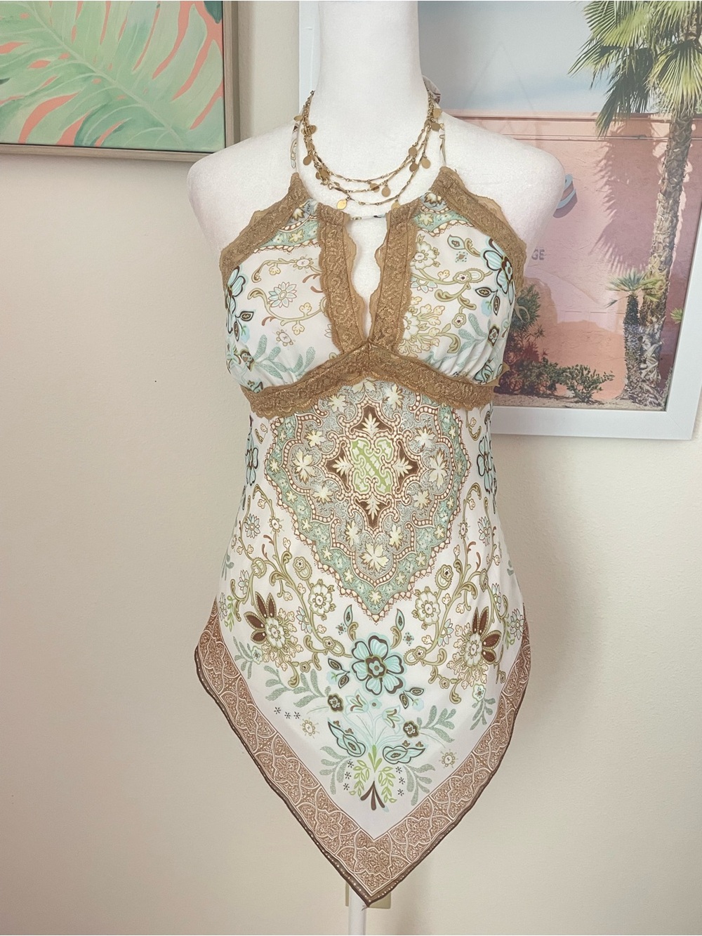 Studio Y Vintage Y2K Early 2000s Lace Floral Handkerchief Halter Tunic Tank Top